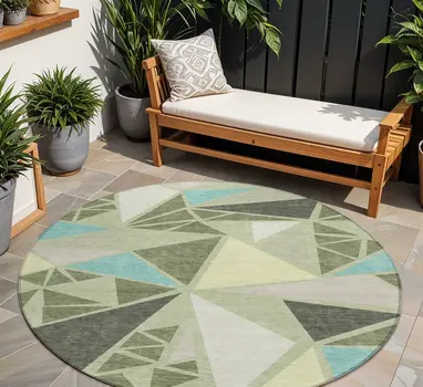 8' Artichoke Green Ivory And Aqua Round Geometric Washable Indoor Outdoor Area Rug