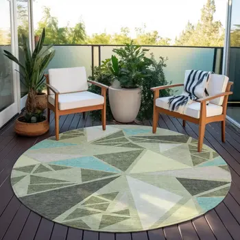 8' Artichoke Green Ivory And Aqua Round Geometric Washable Indoor Outdoor Area Rug