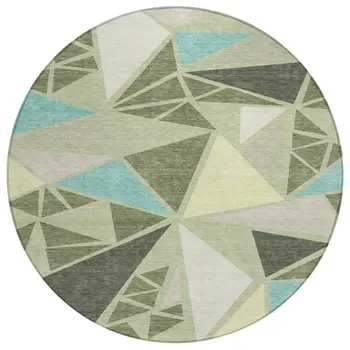 8' Artichoke Green Ivory And Aqua Round Geometric Washable Indoor Outdoor Area Rug