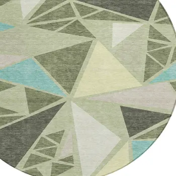 8' Artichoke Green Ivory And Aqua Round Geometric Washable Indoor Outdoor Area Rug