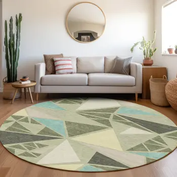 8' Artichoke Green Ivory And Aqua Round Geometric Washable Indoor Outdoor Area Rug