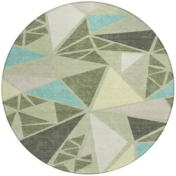 8' Artichoke Green Ivory And Aqua Round Geometric Washable Indoor Outdoor Area Rug