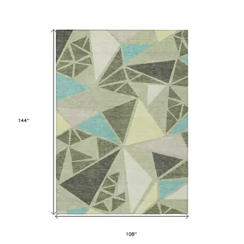 9' X 12' Artichoke Green Ivory And Aqua Geometric Washable Indoor Outdoor Area Rug