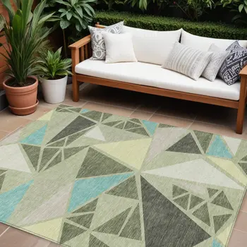 9' X 12' Artichoke Green Ivory And Aqua Geometric Washable Indoor Outdoor Area Rug