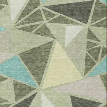 9' X 12' Artichoke Green Ivory And Aqua Geometric Washable Indoor Outdoor Area Rug