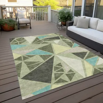10' X 14' Artichoke Green Ivory And Aqua Geometric Washable Indoor Outdoor Area Rug