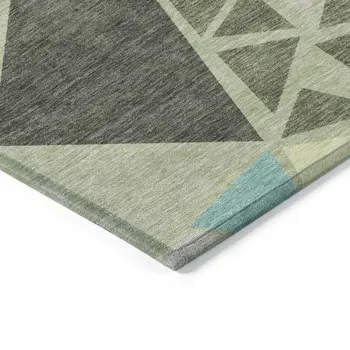 10' X 14' Artichoke Green Ivory And Aqua Geometric Washable Indoor Outdoor Area Rug