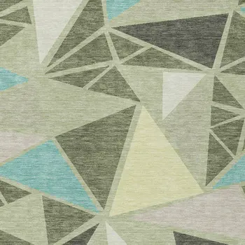 10' X 14' Artichoke Green Ivory And Aqua Geometric Washable Indoor Outdoor Area Rug