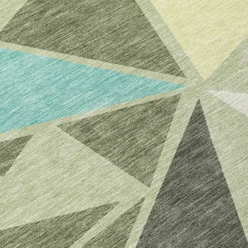 10' X 14' Artichoke Green Ivory And Aqua Geometric Washable Indoor Outdoor Area Rug