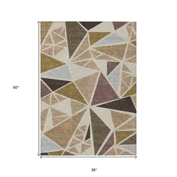 3' X 5' Beige Brown And Gray Geometric Washable Indoor Outdoor Area Rug