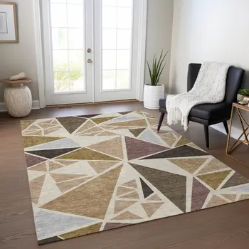 3' X 5' Beige Brown And Gray Geometric Washable Indoor Outdoor Area Rug