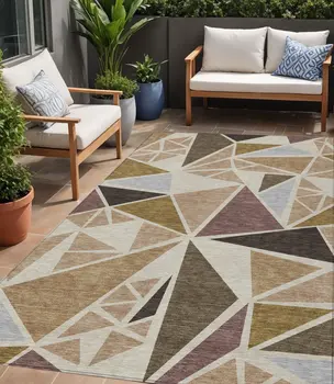 5' X 8' Beige Brown And Gray Geometric Washable Indoor Outdoor Area Rug