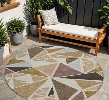 8' Beige Brown And Gray Round Geometric Washable Indoor Outdoor Area Rug