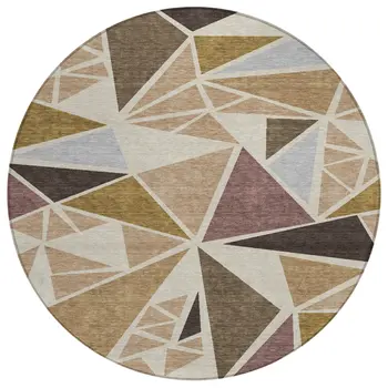 8' Beige Brown And Gray Round Geometric Washable Indoor Outdoor Area Rug