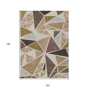 10' X 14' Beige Brown And Gray Geometric Washable Indoor Outdoor Area Rug