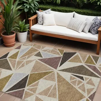 10' X 14' Beige Brown And Gray Geometric Washable Indoor Outdoor Area Rug