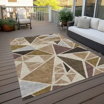 10' X 14' Beige Brown And Gray Geometric Washable Indoor Outdoor Area Rug