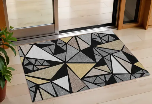 3' X 5' Black Beige And Gray Geometric Washable Indoor Outdoor Area Rug