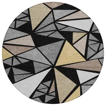 8' Black Beige And Gray Round Geometric Washable Indoor Outdoor Area Rug
