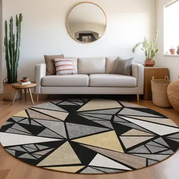 8' Black Beige And Gray Round Geometric Washable Indoor Outdoor Area Rug
