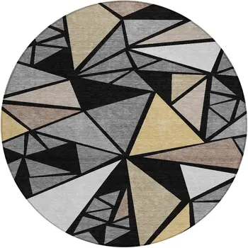 8' Black Beige And Gray Round Geometric Washable Indoor Outdoor Area Rug