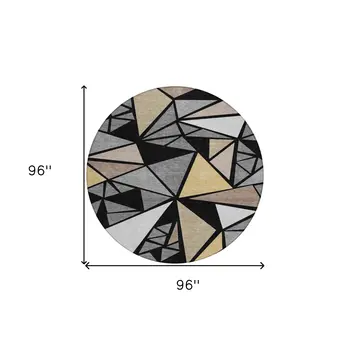 8' Black Beige And Gray Round Geometric Washable Indoor Outdoor Area Rug