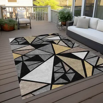 9' X 12' Black Beige And Gray Geometric Washable Indoor Outdoor Area Rug