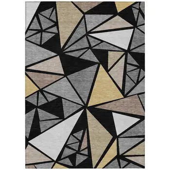 9' X 12' Black Beige And Gray Geometric Washable Indoor Outdoor Area Rug