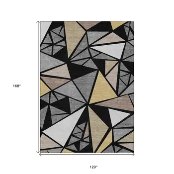 10' X 14' Black Beige And Gray Geometric Washable Indoor Outdoor Area Rug