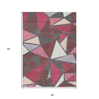 5' X 8' Burgundy Pink And Charcoal Geometric Washable Indoor Outdoor Area Rug
