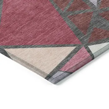 5' X 8' Burgundy Pink And Charcoal Geometric Washable Indoor Outdoor Area Rug