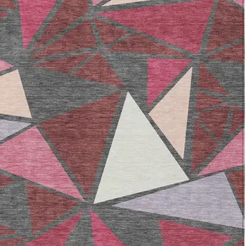 5' X 8' Burgundy Pink And Charcoal Geometric Washable Indoor Outdoor Area Rug
