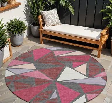 8' Burgundy Pink And Charcoal Round Geometric Washable Indoor Outdoor Area Rug