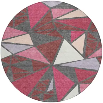 8' Burgundy Pink And Charcoal Round Geometric Washable Indoor Outdoor Area Rug