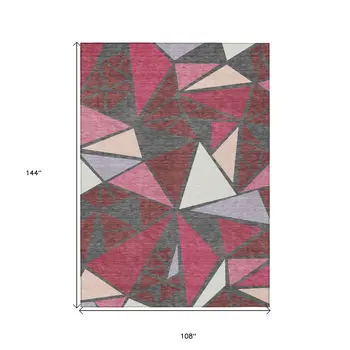 9' X 12' Burgundy Pink And Charcoal Geometric Washable Indoor Outdoor Area Rug