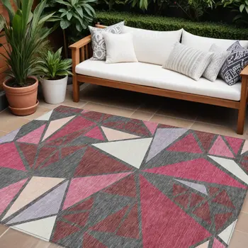 9' X 12' Burgundy Pink And Charcoal Geometric Washable Indoor Outdoor Area Rug