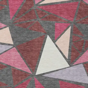 9' X 12' Burgundy Pink And Charcoal Geometric Washable Indoor Outdoor Area Rug