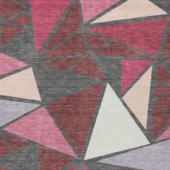 10' X 14' Burgundy Pink And Charcoal Geometric Washable Indoor Outdoor Area Rug