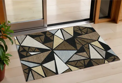 3' X 5' Brown Black And Ivory Geometric Washable Indoor Outdoor Area Rug