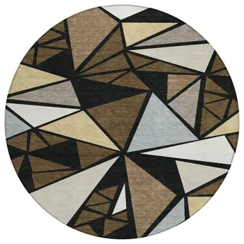 8' Brown Black And Ivory Round Geometric Washable Indoor Outdoor Area Rug