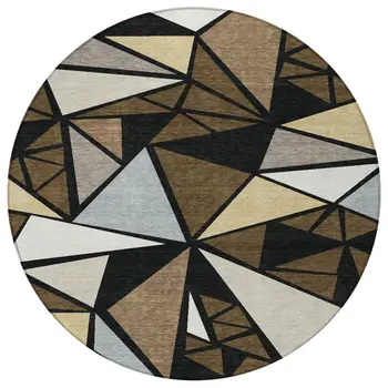 8' Brown Black And Ivory Round Geometric Washable Indoor Outdoor Area Rug