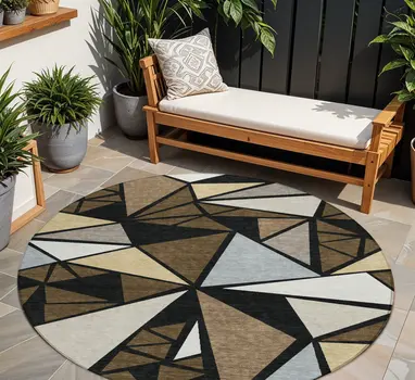 8' Brown Black And Ivory Round Geometric Washable Indoor Outdoor Area Rug