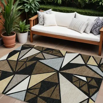 8' X 10' Brown Black And Ivory Geometric Washable Indoor Outdoor Area Rug