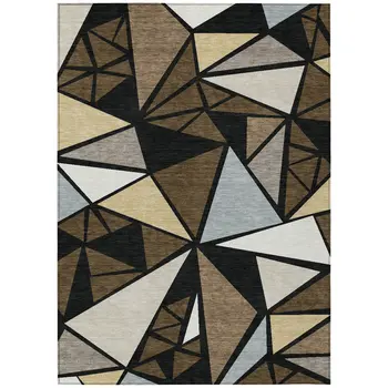 9' X 12' Brown Black And Ivory Geometric Washable Indoor Outdoor Area Rug