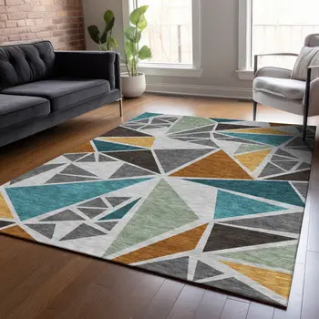 3' X 5' Gray Copper And Brown Geometric Washable Indoor Outdoor Area Rug