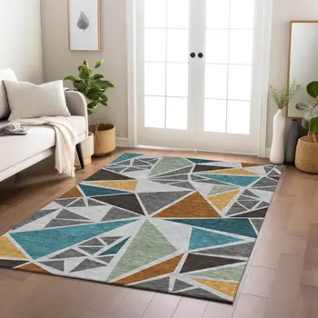 3' X 5' Gray Copper And Brown Geometric Washable Indoor Outdoor Area Rug