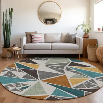 8' Gray Copper And Brown Round Geometric Washable Indoor Outdoor Area Rug