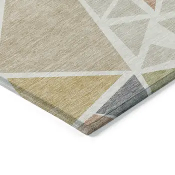 3' X 5' Ivory Brown And Green Geometric Washable Indoor Outdoor Area Rug
