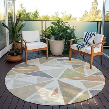 8' Ivory Brown And Green Round Geometric Washable Indoor Outdoor Area Rug
