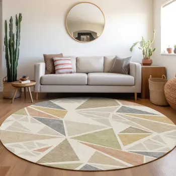 8' Ivory Brown And Green Round Geometric Washable Indoor Outdoor Area Rug